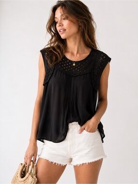 Daniel Rainn Black Eyelet Blouse | Flowy Boho Top | Size Medium